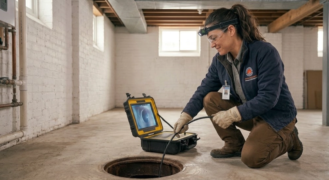 High-resolution sewer camera inspection equipment diagnosing underground sewer line repair Williamsbridge Bronx