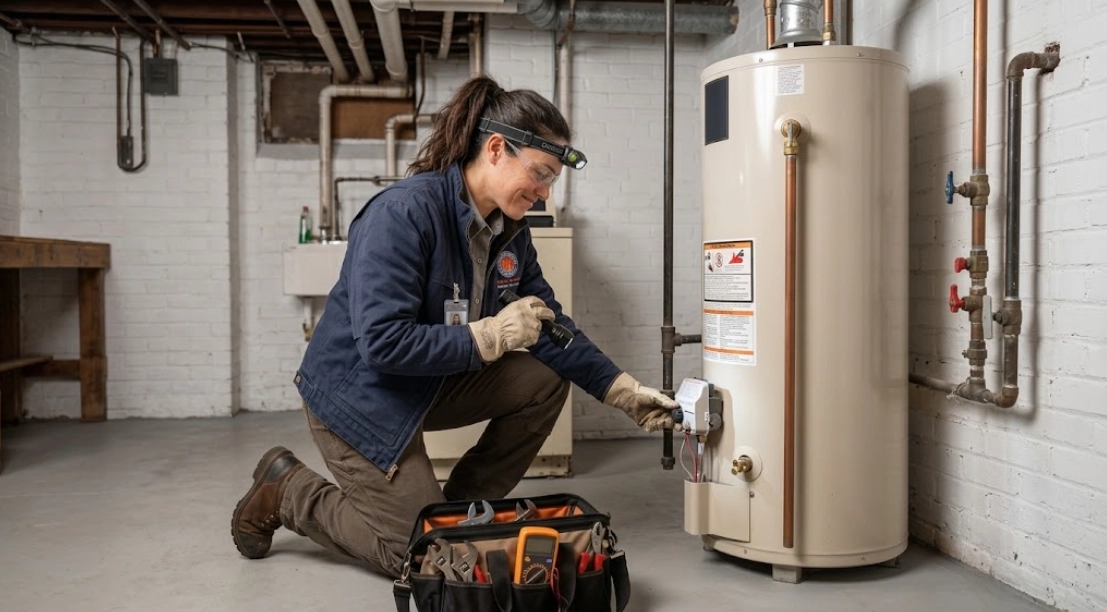 Plumbing technician testing thermostat and burner assembly on a residential gas water heater in a basement utility area